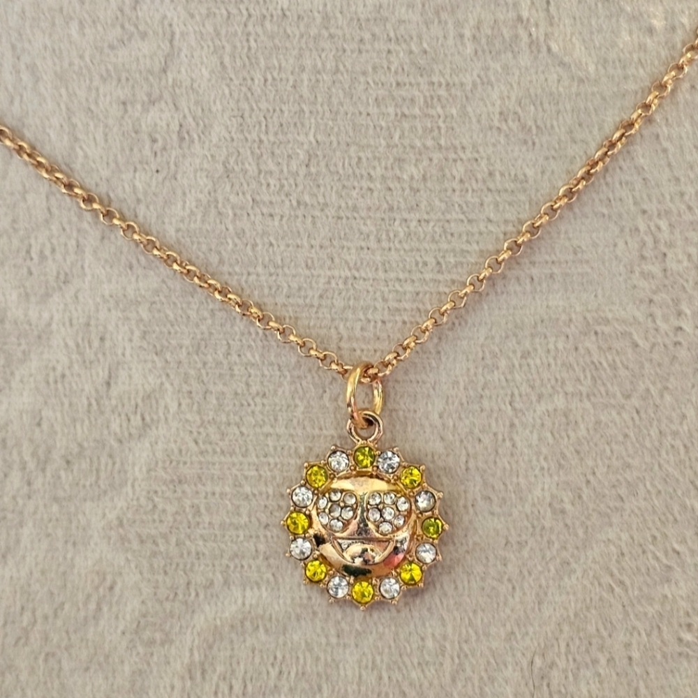 NEW Yellow & Clear Rhinestone Gold Happy Sun Pendant Necklace N1P11